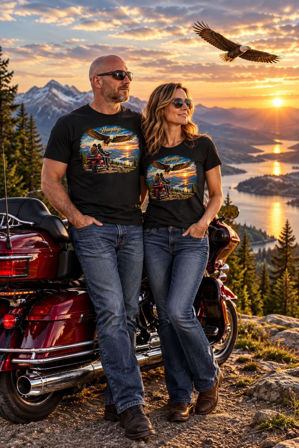 Wings of The Open Road men's tee shirt by HawgDog Gear, black, front, worn by a rider couple
