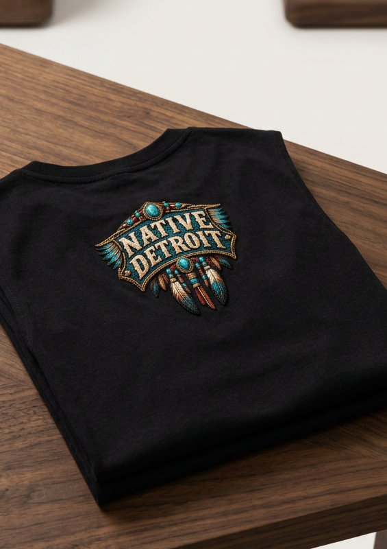Back of the black Native Detroit men's tank top with the Native Detroit shield logo, folded on a wooden table