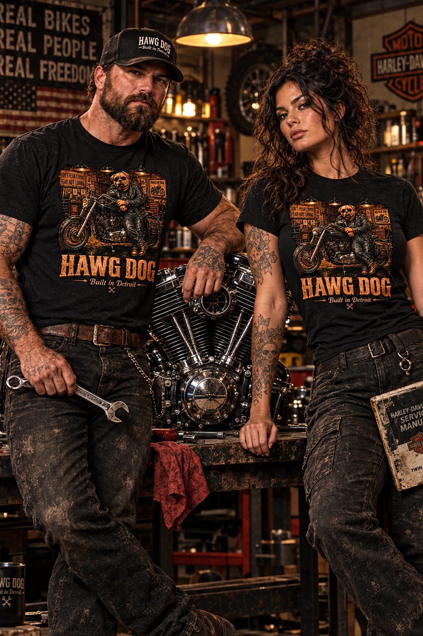 Couple wearing black Don't Fear Death, Fear Not Living tees in a motorcycle shop