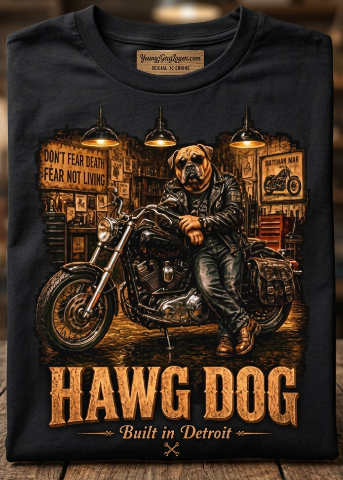Front of the black Don't Fear Death, Fear Not Living tee with the skeleton rider Hawg Dog graphic, laid flat on a wooden table