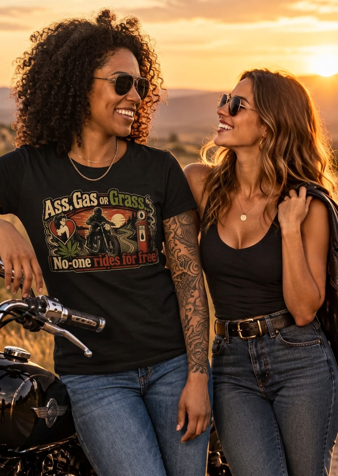 Couple with motorcycles, the man in the black No-One Rides for Free tee at sunset