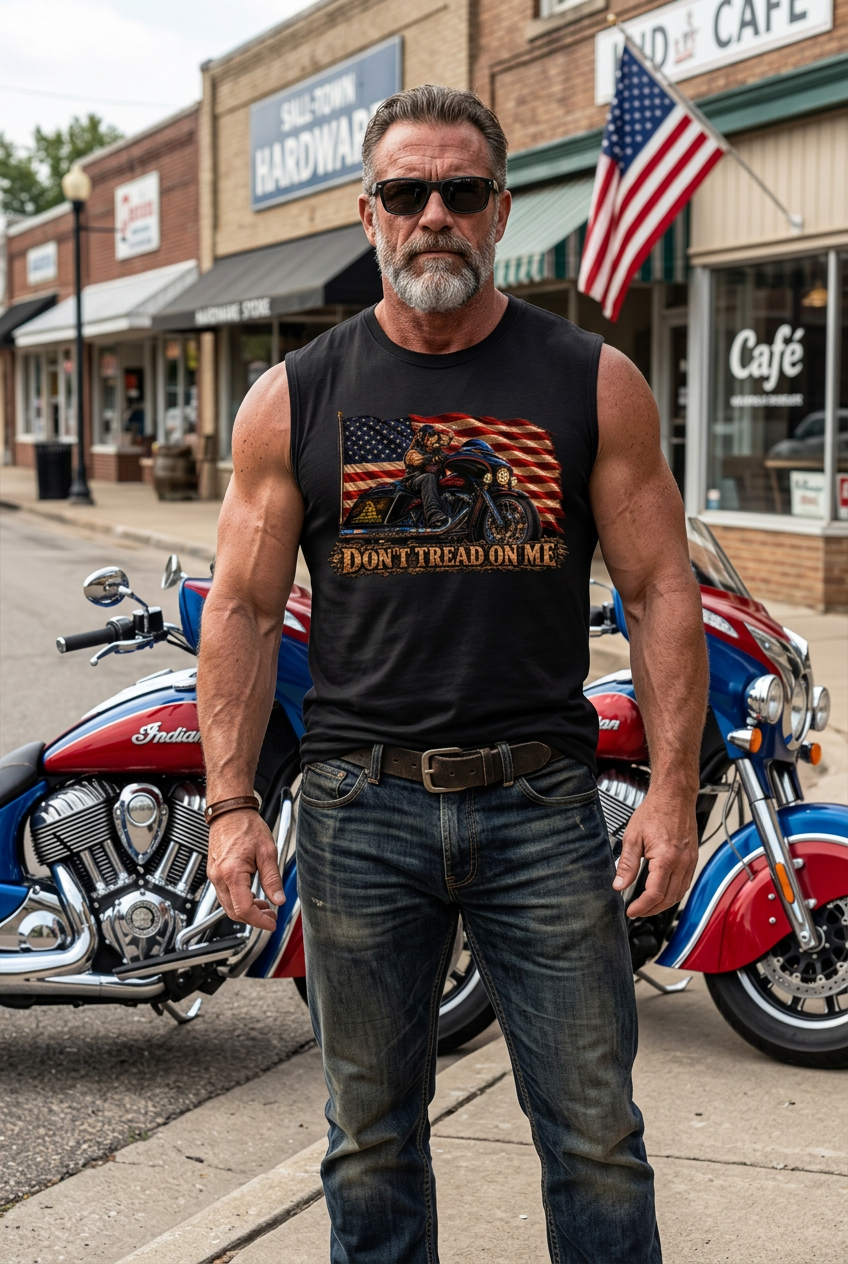 Man in the black Don't Tread Doggo men's tank top with his motorcycle on main street