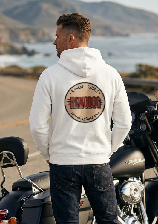 Close-up of the HawgDog Detroit Chapter back emblem on the white Dal-Life hoodie