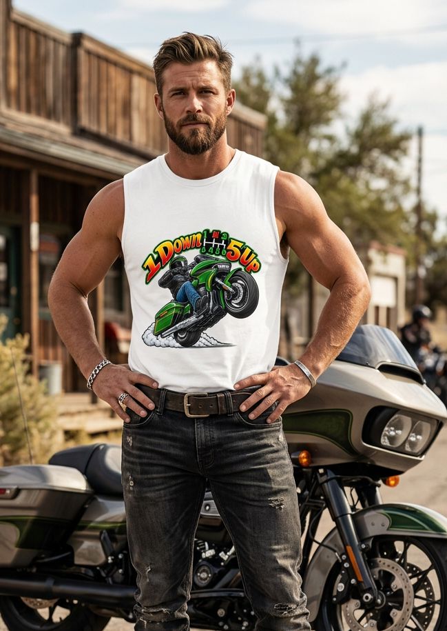Man in the white Wild Wheelie 1 Down 5 Up men's tank top standing in front of a motorcycle