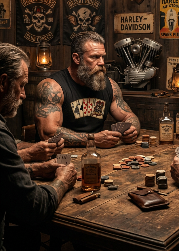 Back of the black Ded-Dog's Hand men's tank top with the biker jester graphic in a bar setting