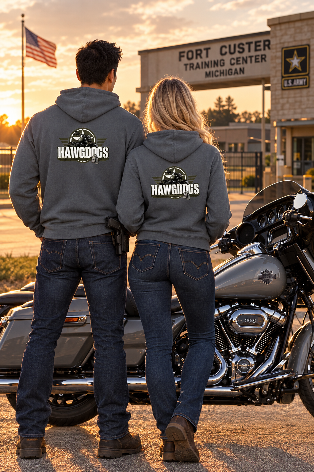 Back of gray Might of The Republic premium hoodies at Fort Custer at sunset