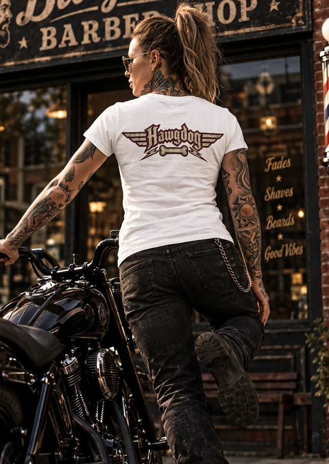 Back of the white Billy Bones tee on a rider outside a barber shop