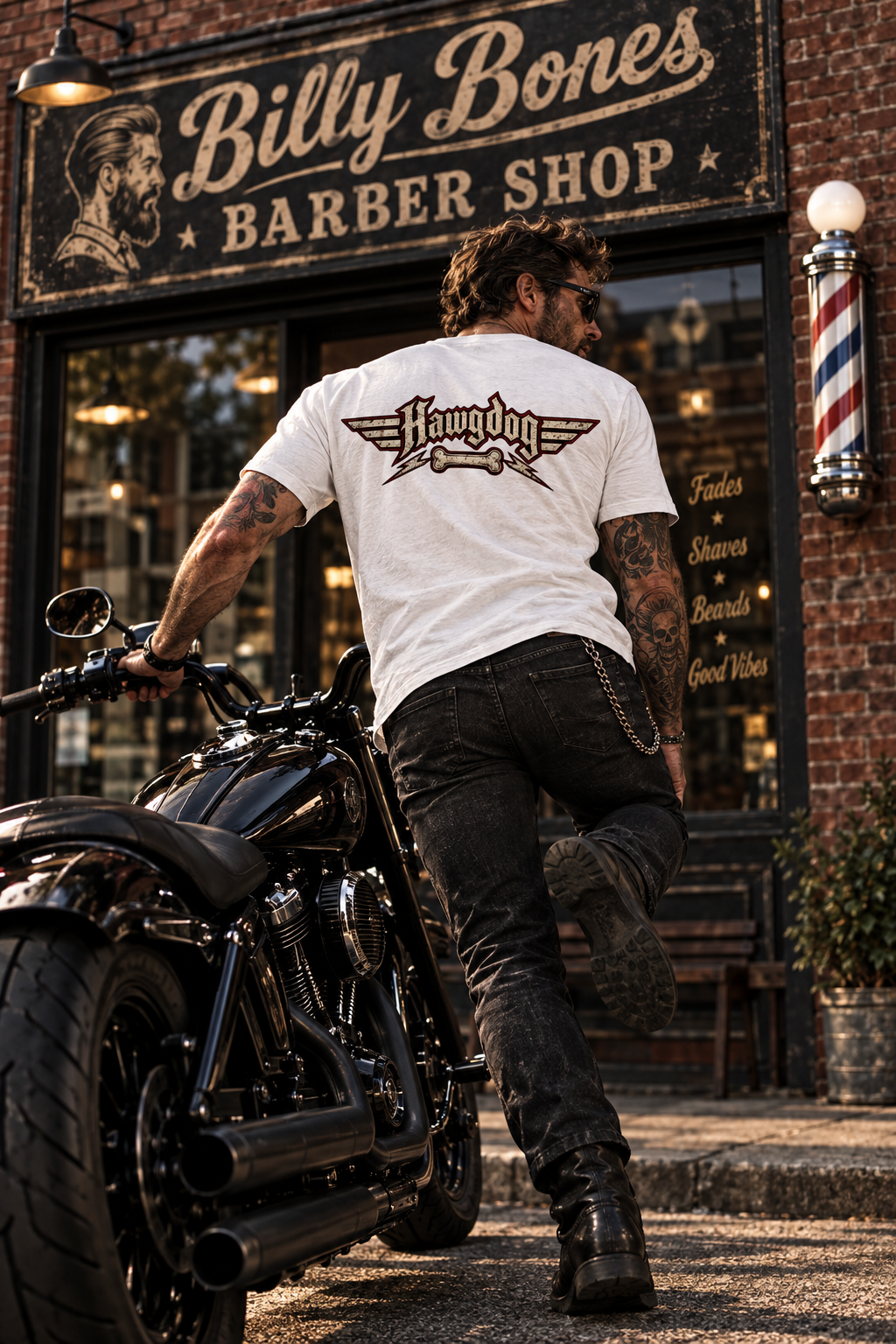 Billy Bones men's tee shirt by HawgDog Gear, white, back, worn by a rider