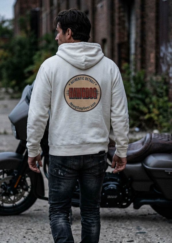 Close-up of the HawgDog Detroit Chapter back emblem on the white Side Hustle hoodie