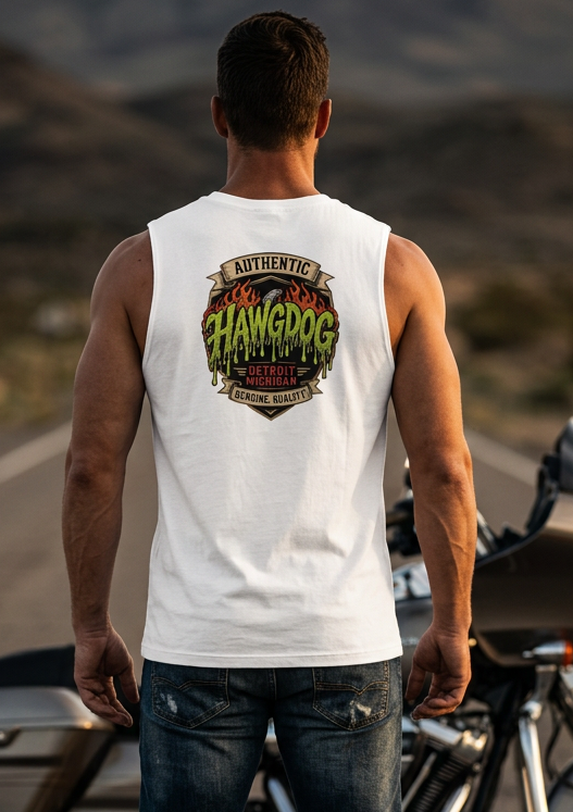 Back of the white Drag Rage men's tank top with the Authentic HawgDog Detroit winged tire logo