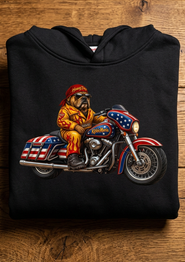 Front of the white HawgDogs Patriotic Pooch Men's Hoodie on a wooden hanger