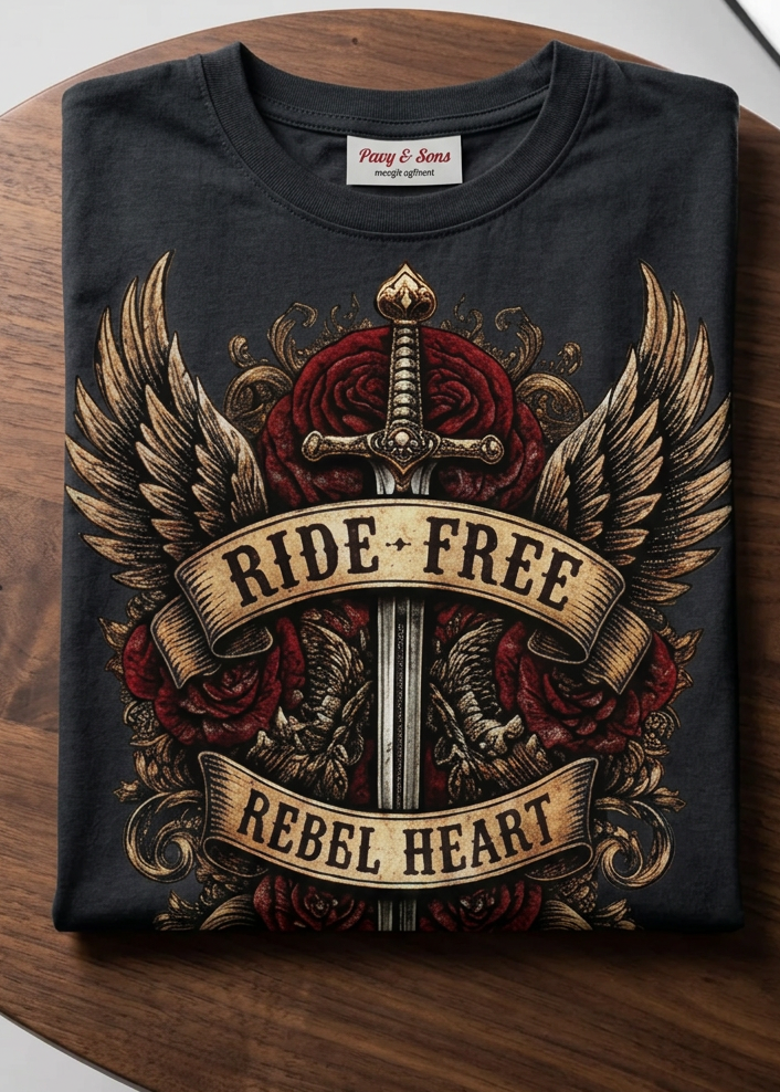 Front of the black Rebel Heart women's tee with the winged Ride Free Rebel Heart graphic, laid flat on a wooden table