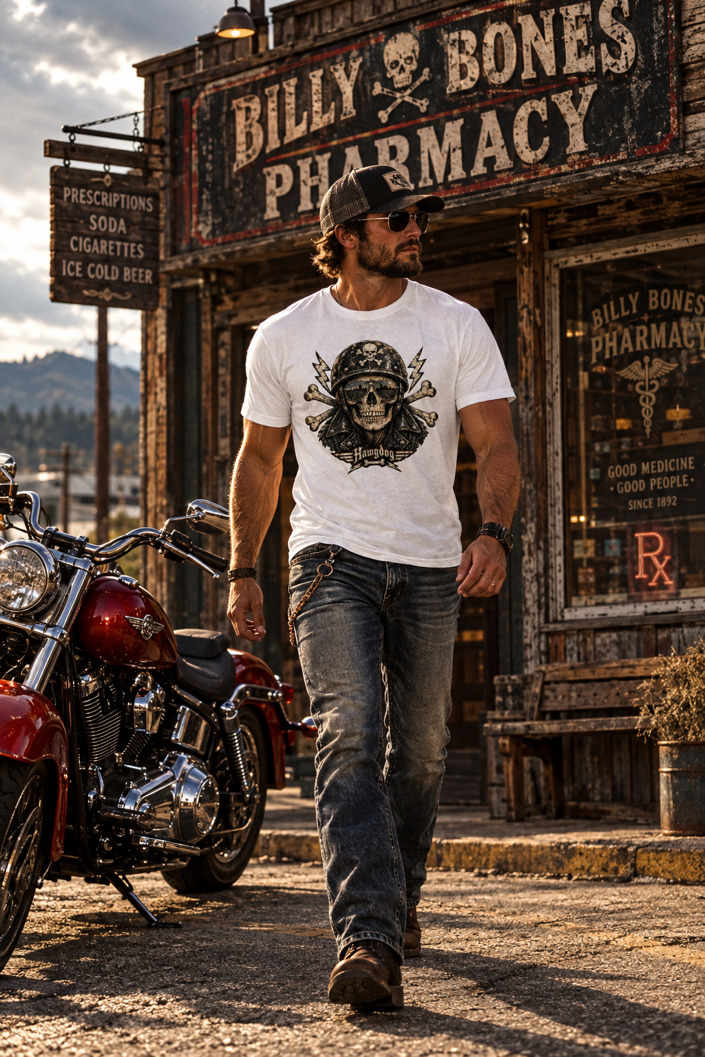 Billy Bones men's tee shirt by HawgDog Gear, white, front, worn by a rider