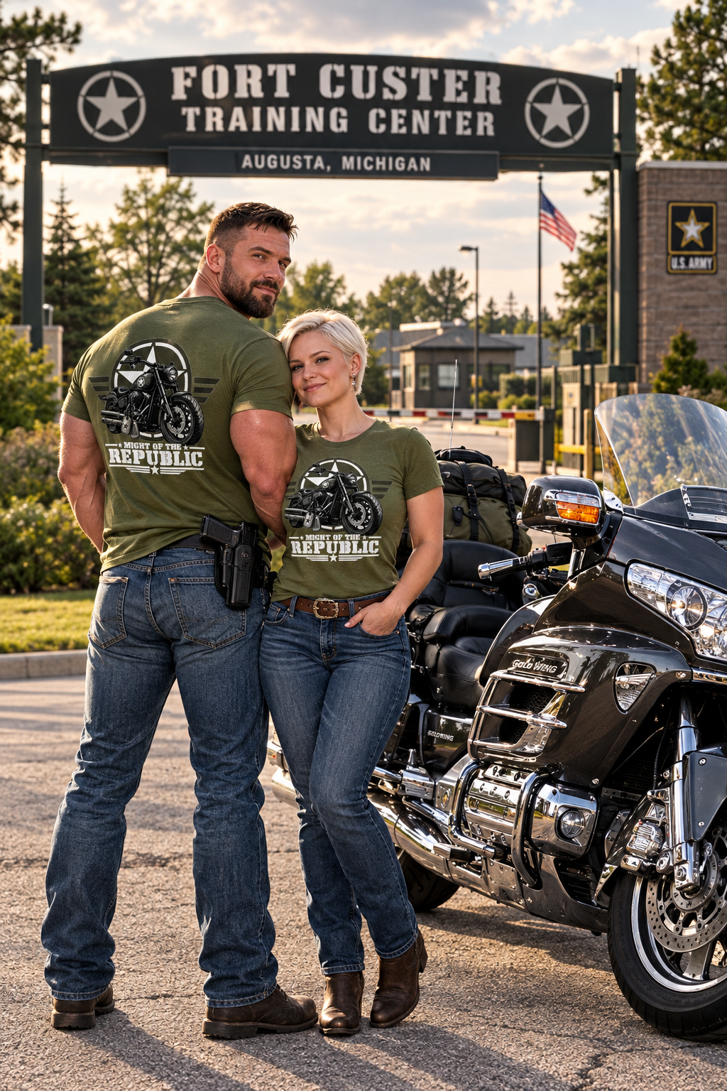 Back of military green Might of The Republic tees at Fort Custer with a touring motorcycle