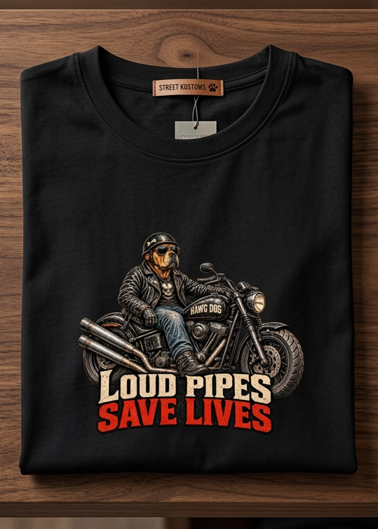 Front of the black Loud Pipes Save Lives men's tank top with the bulldog rider graphic, laid flat on a wooden table
