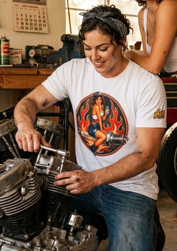 HawgDogs Spark Plug Sally Tee Shirt - Lucent White front, on model