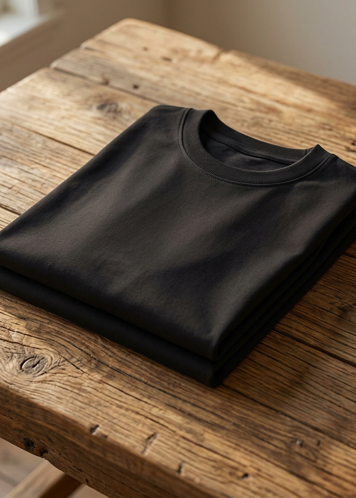 Plain back of the black Keep on Bikin' tee, folded on a wooden table; the design is front only