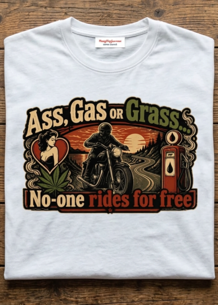 Front of the white No-One Rides for Free tee with the Ass, Gas or Grass graphic, laid flat on a wooden table