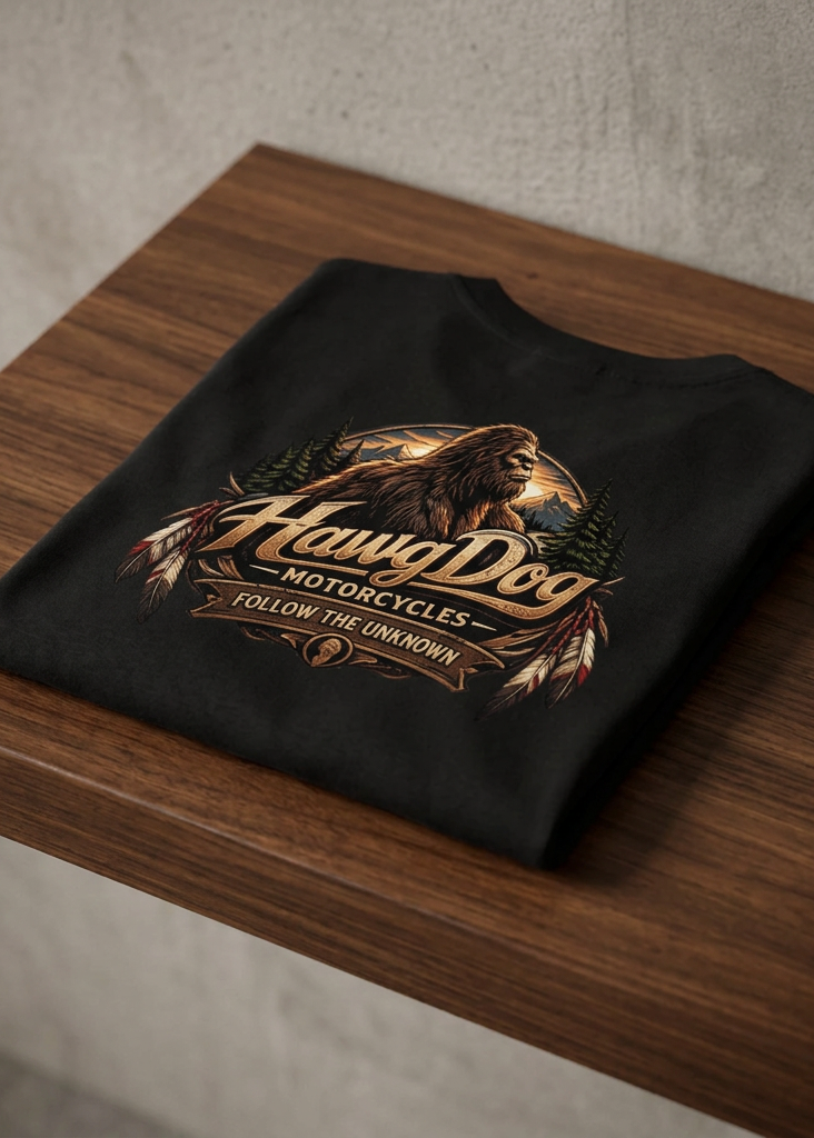 Back of the black Follow The Unknown men's tank top with the HawgDog Bigfoot crest, folded on a wooden table