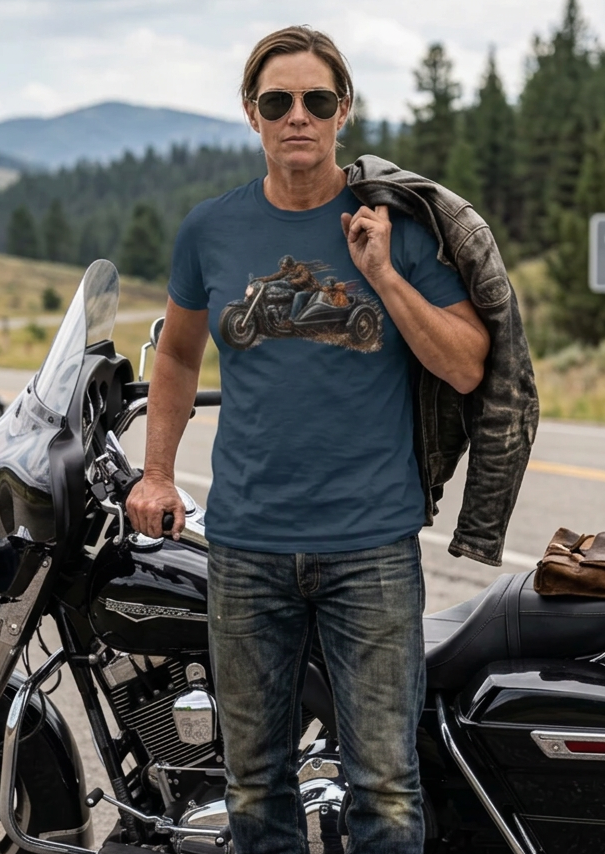 Man wearing the Navy Blue HawgDogs Side Hustle tee beside a touring motorcycle on a mountain road