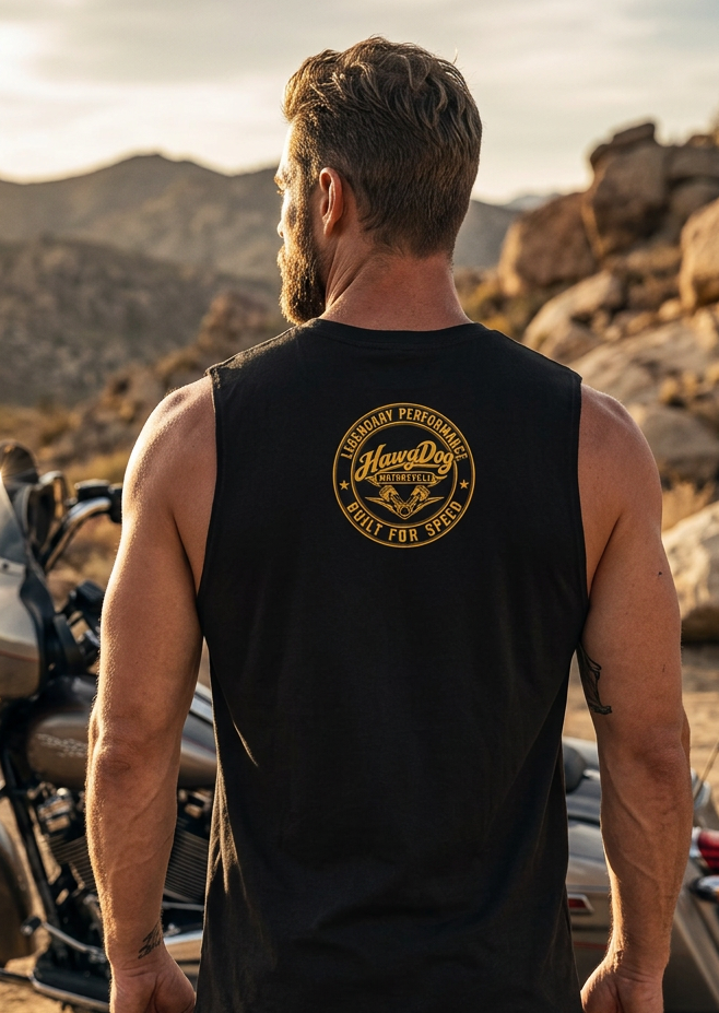 Back of the black Betty Big Twins men's tank top with the Built for Speed gold seal