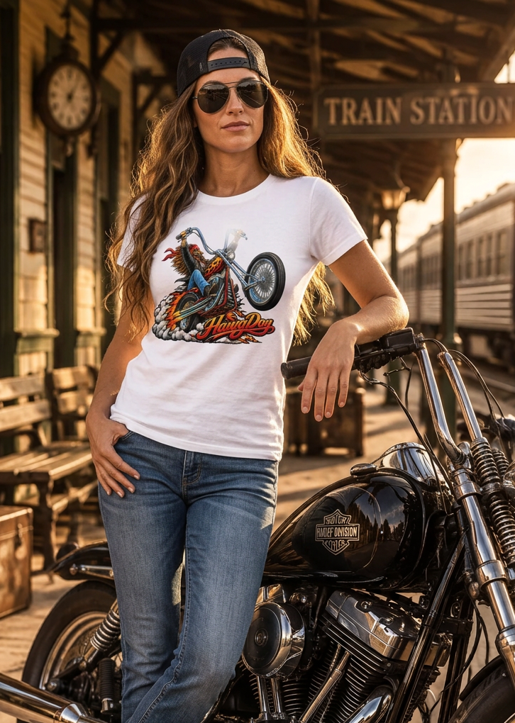 Man in the white Wild Wheelie tee sitting on his motorcycle at a train station