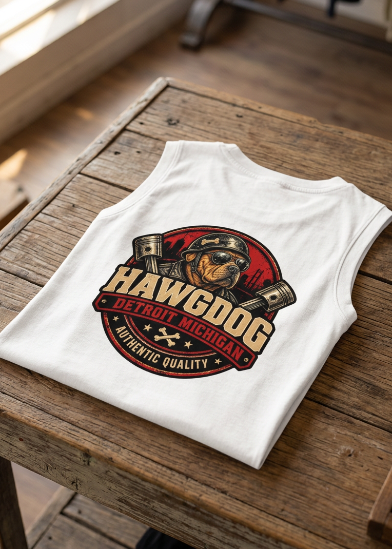 Back of the white Loud Pipes Save Lives women's crewneck tank top with the bulldog Detroit crest, folded on a wooden table