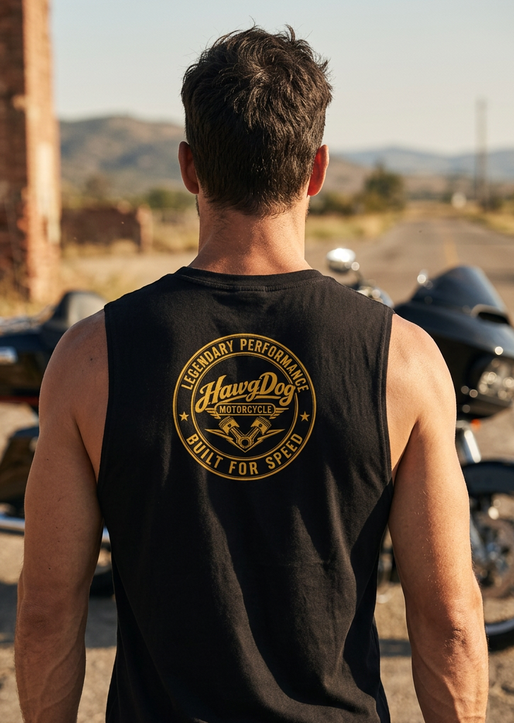 Back of the black Polishing Patty men's tank top with the Built for Speed gold seal in the desert