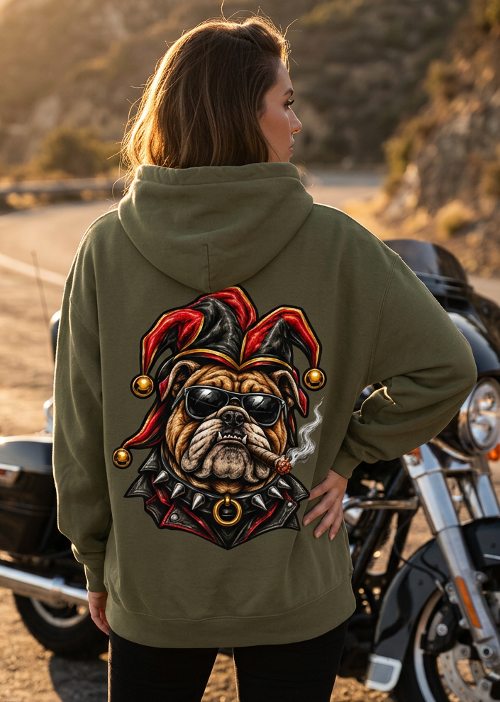 Back view of a woman wearing the olive green HawgDogs Ded-Dog's Hand Ultimate Fleece-147 Hoodie with the bulldog joker graphic