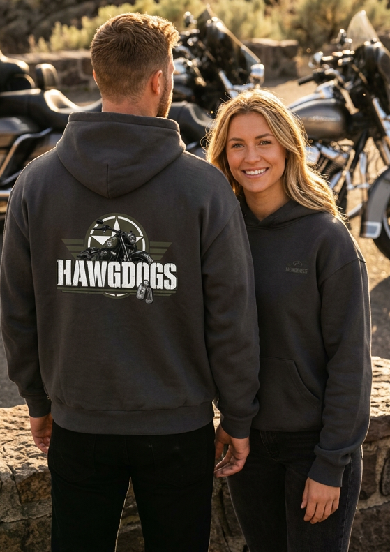 Back view of a couple wearing charcoal gray HawgDogs Might of The Republic Ultimate Fleece-147 Hoodies