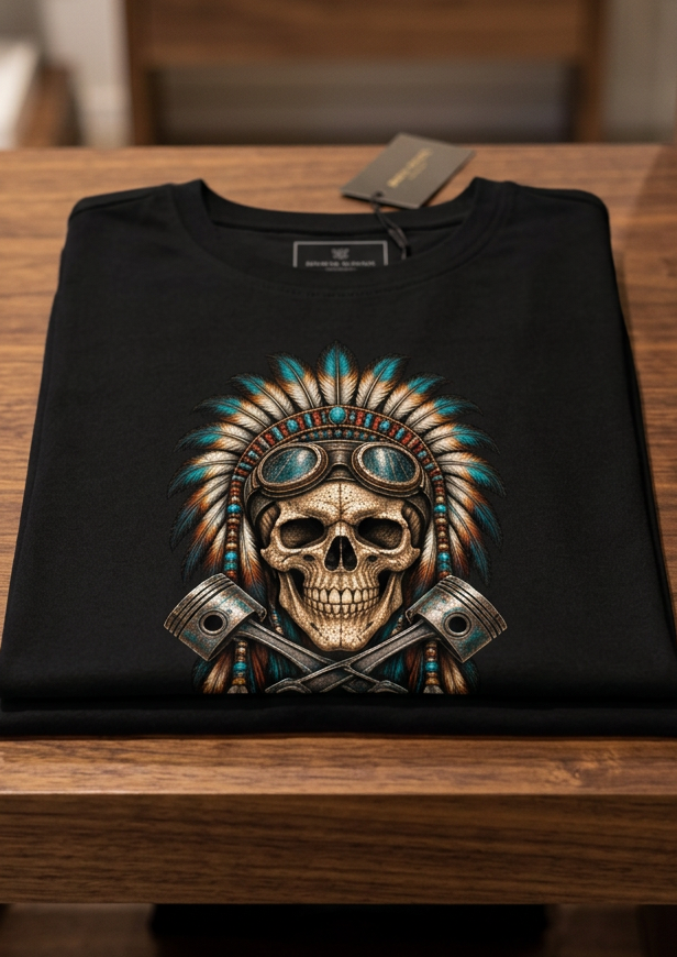 Front of the black Native Detroit men's tank top with the mechanical headdress skull graphic, laid flat on a wooden table