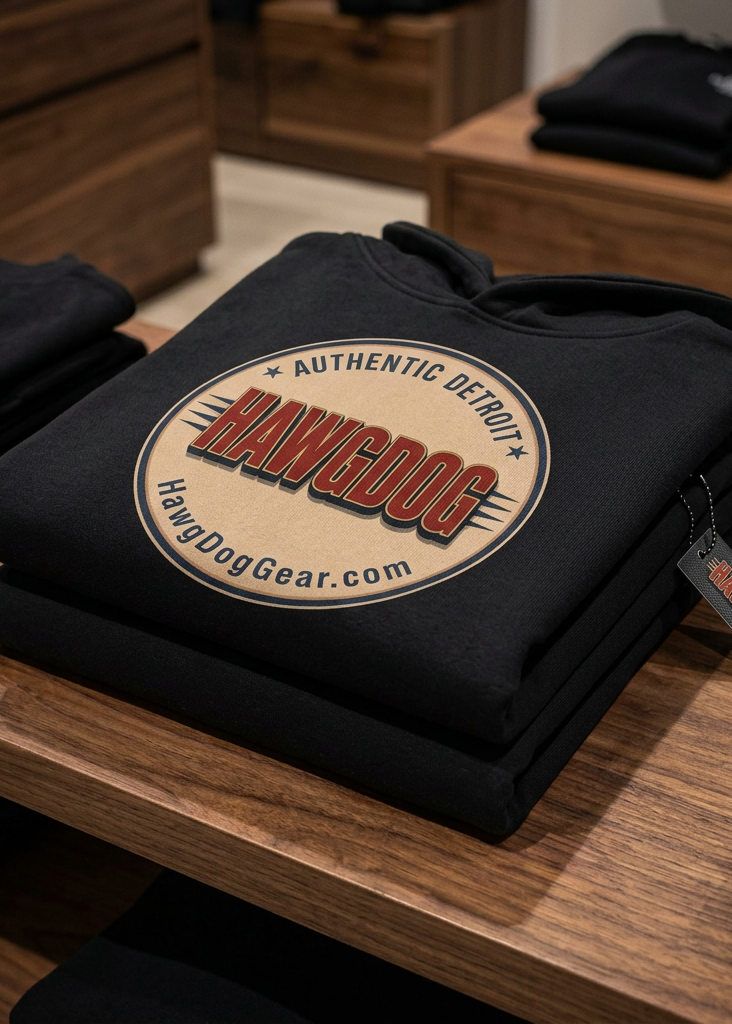 Back of the white HawgDogs Chocolate Biker Men's Hoodie with the HawgDog Detroit emblem, folded on a wooden table