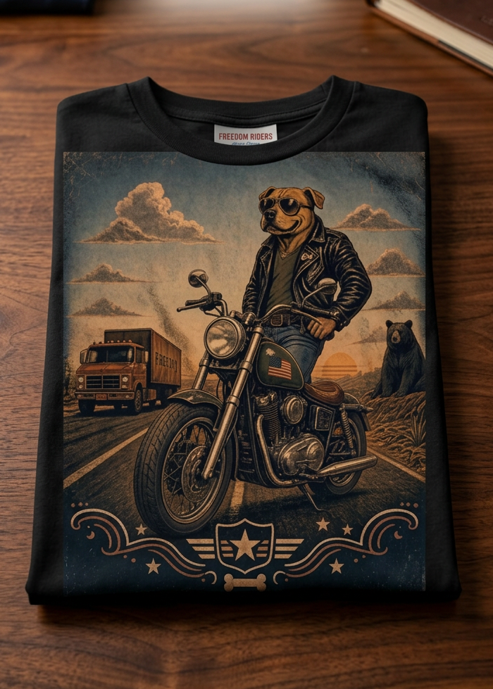 Front of the black Keep on Bikin' tee with the dog rider on a two-lane highway graphic, laid flat on a wooden table