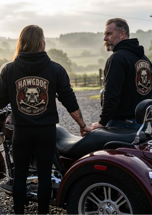 Back of black Ride Hard & Love Dogs Ultimate Fleece-147 hoodies with the HawgDog skull patch by a trike