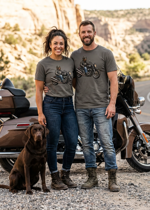 Couple wearing Charcoal Gray HawgDogs Chocolate Biker tees with a chocolate Lab beside a touring motorcycle