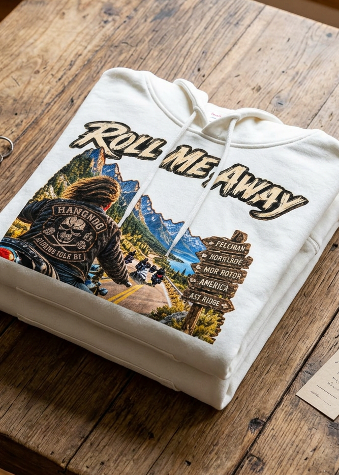 Front of the white Roll Me Away hoodie with the Roll Me Away mountain road graphic, laid flat on a wooden table