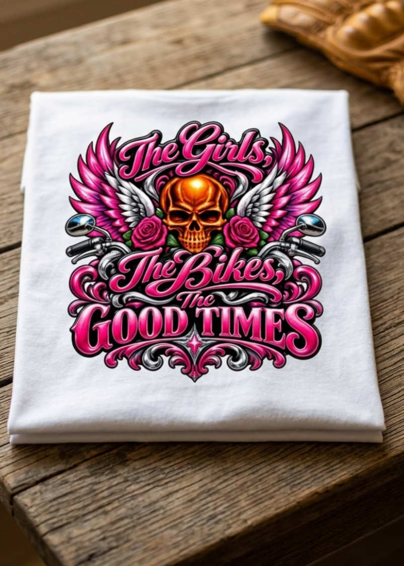 Front of the white The Girls The Bikes The Good Times women's crewneck tank with the pink skull and script graphic, laid flat on a wooden table