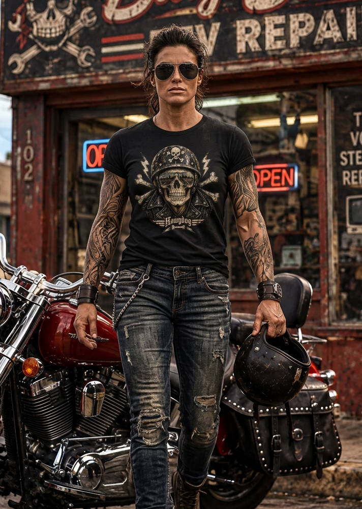 Man in the black Billy Bones tee outside a vintage repair shop with his motorcycle