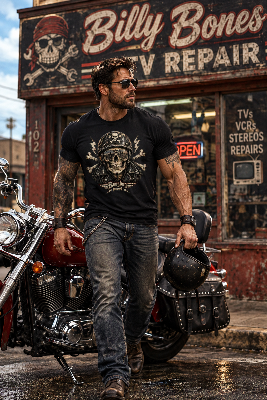Billy Bones men's tee shirt by HawgDog Gear, black, front, worn by a rider at Billy Bones Cycle Repair