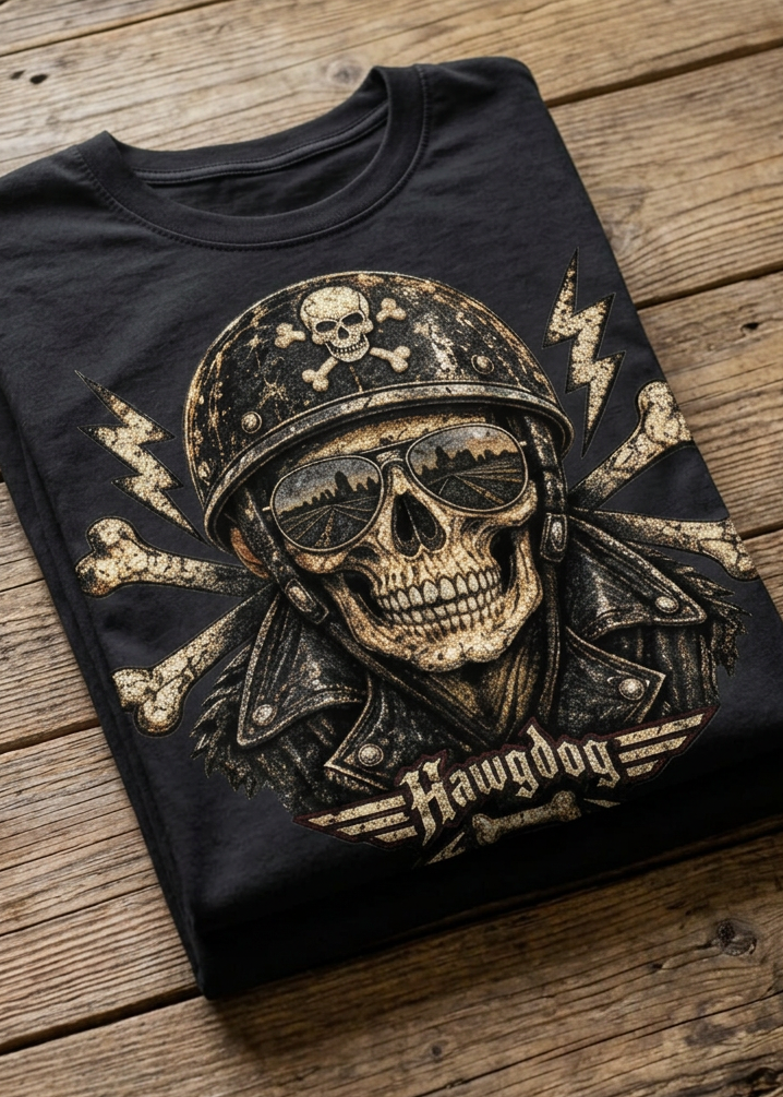 Front of the black Billy Bones tee with the helmeted skull and crossbones graphic, laid flat on a wooden table