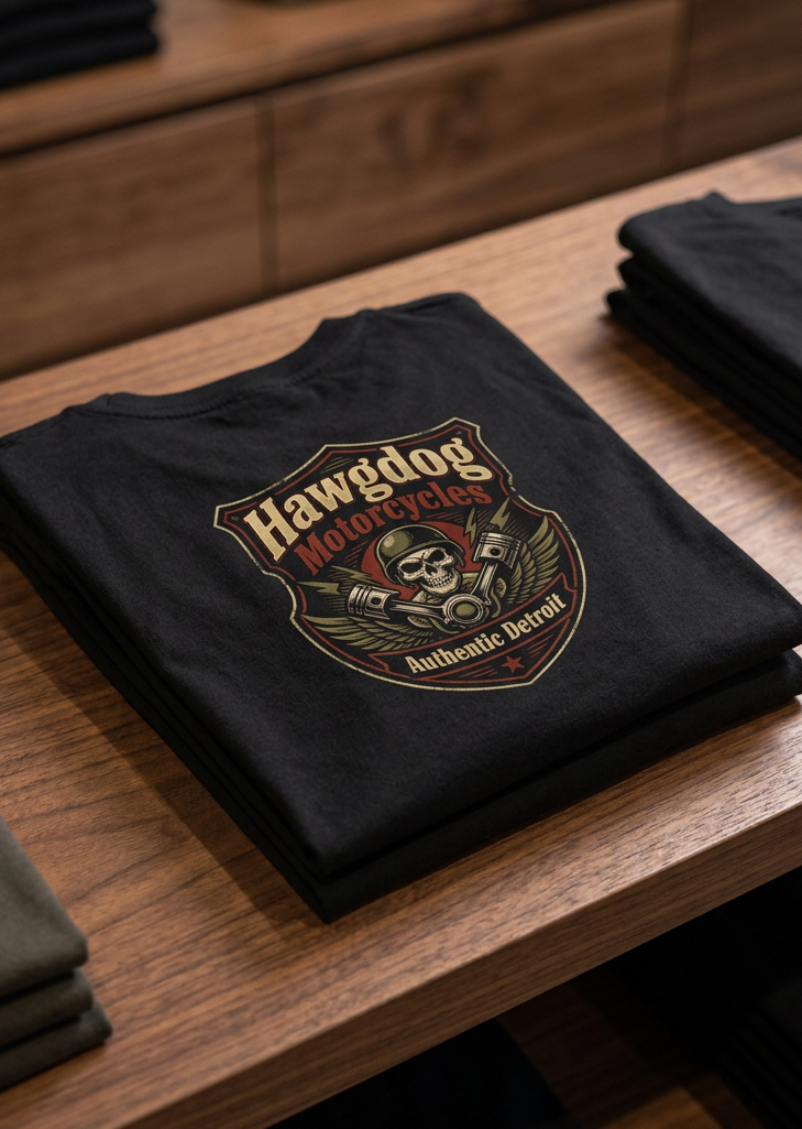 Back of the black No-One Rides for Free men's tank top with the HawgDog Motorcycles crest, folded on a wooden table