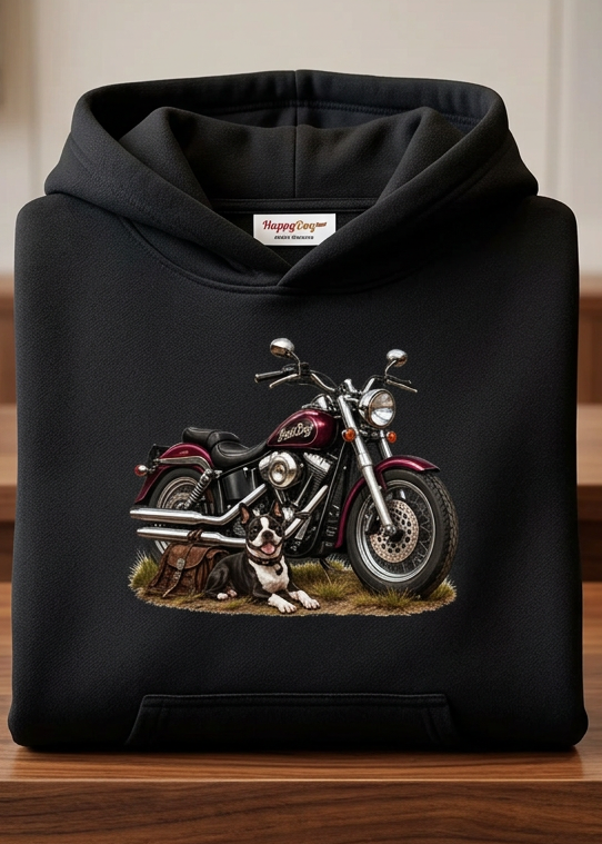 Front of the white HawgDogs Boston Terrier Men's Hoodie on a wooden hanger