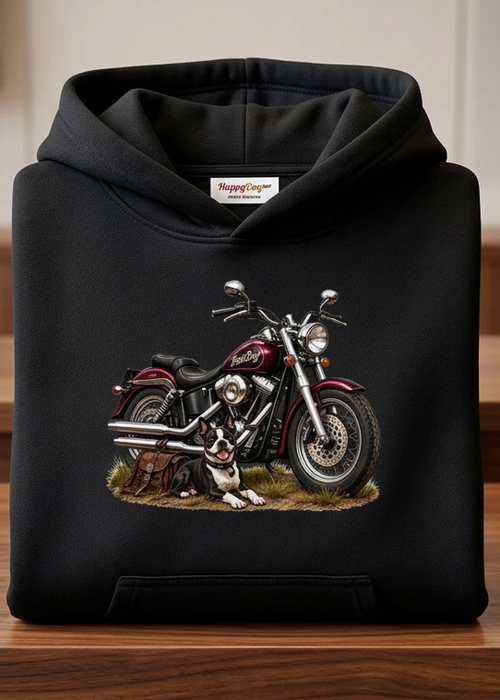 Front of the white HawgDogs Boston Terrier Men's Hoodie on a wooden hanger