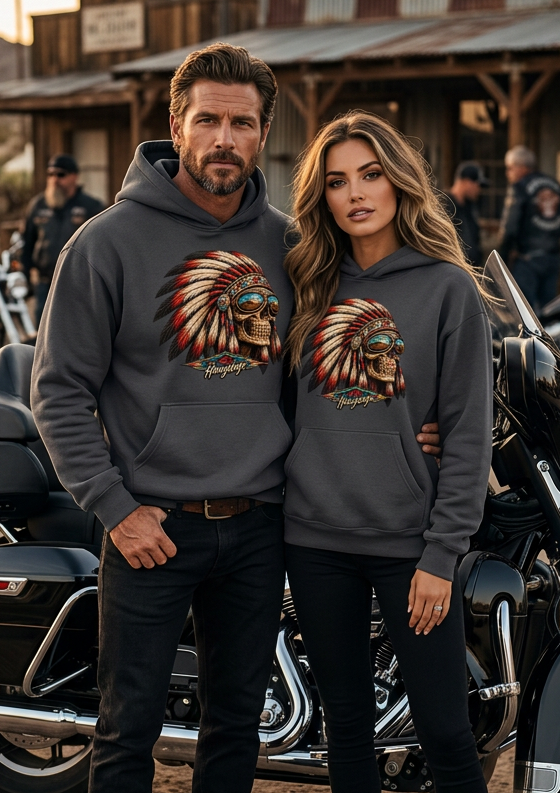 Couple by motorcycles wearing charcoal gray HawgDogs Thunderhead Ultimate Fleece-147 Hoodies showing the front war-bonnet skull graphic