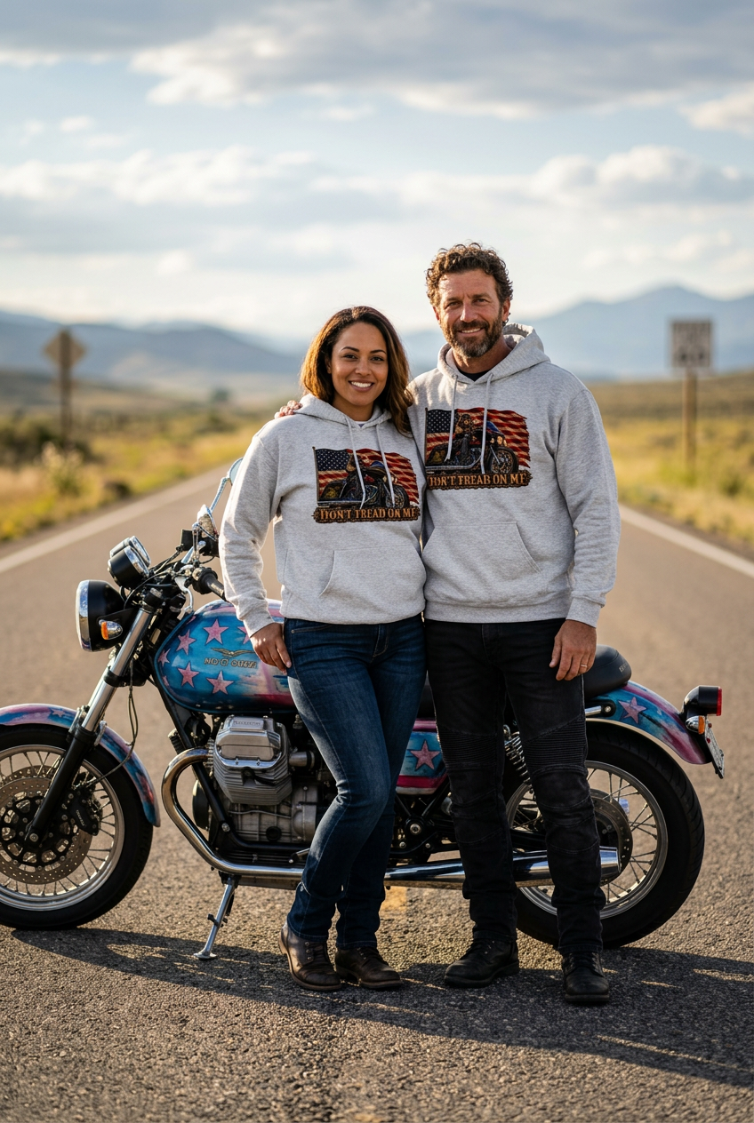 Couple in gray Don't Tread Doggo hoodies with a motorcycle on a country road