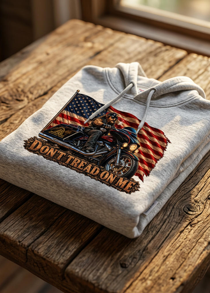 Front of the gray Don't Tread Doggo hoodie with the flag and motorcycle Don't Tread On Me graphic, laid flat on a wooden table