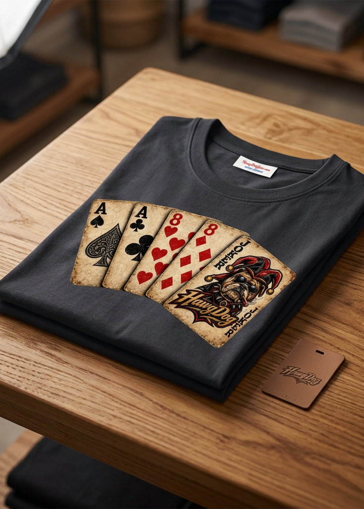 Front of the black Ded-Dog's Hand men's tank top with the aces and eights pocket graphic, laid flat on a wooden table