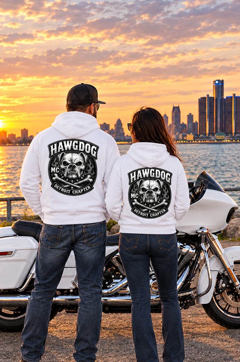 Back of white Thunderhead hoodies with the HawgDog skull graphic and city skyline