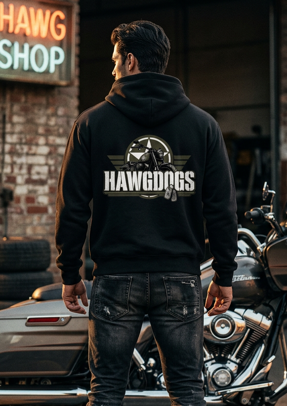 Back view of a man by a motorcycle wearing the black HawgDogs Might of The Republic Ultimate Fleece-147 Hoodie