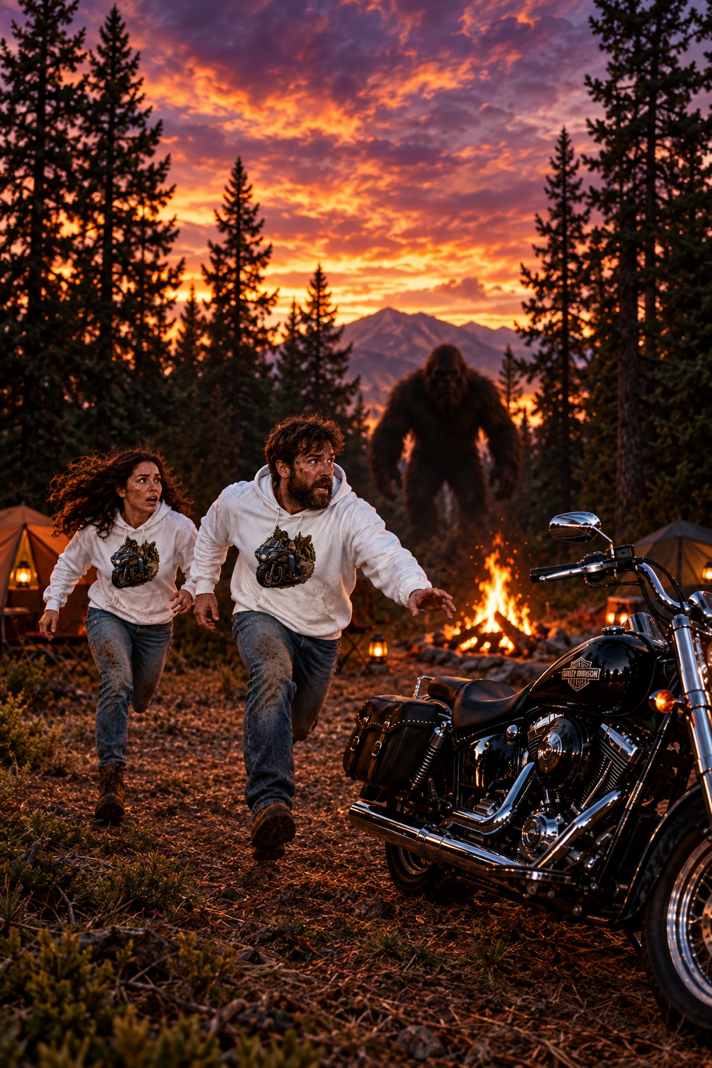 Couple in white Follow The Unknown hoodies running from Bigfoot at camp